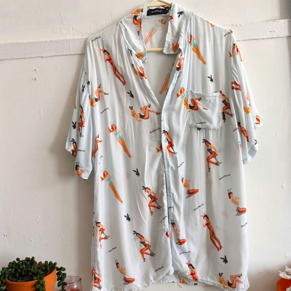 Good Worth X Playboy Bunnies Pin-up Girl Button Up Shirt VTG
